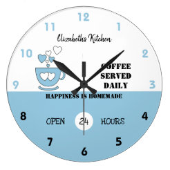 Blue Kitchen Wall Clocks Zazzle Ca   Blue And White Coffee Served Daily Large Clock R99f7be1ef1744ee396e5dc222f109f84 Fup13 8byvr 246 