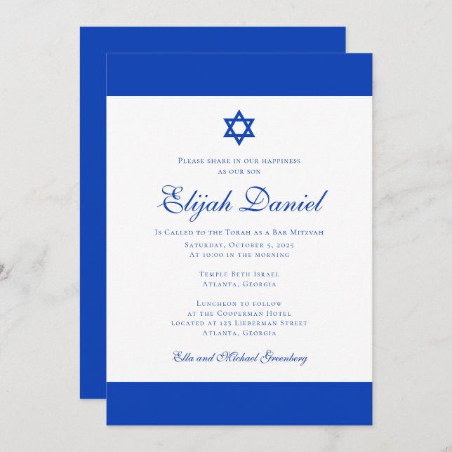 Blue and White | Colours of Israel Bar Mitzvah Invitation (Front/Back)