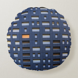 Blue and white concrete building round pillow