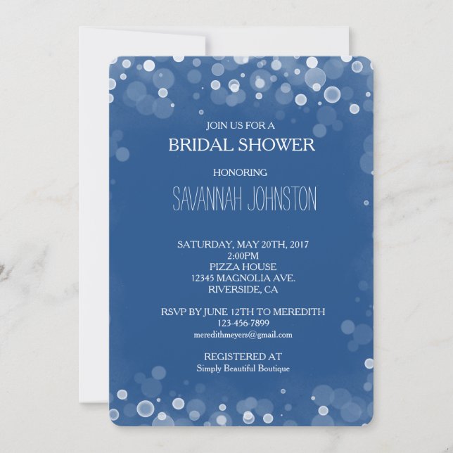 Blue and White Confetti Bokeh bridal shower Invitation (Front)