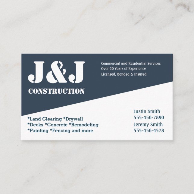 Blue and White Construction  Business Card (Front)