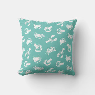 Blue and White Crab and Lobster Print Throw Pillow