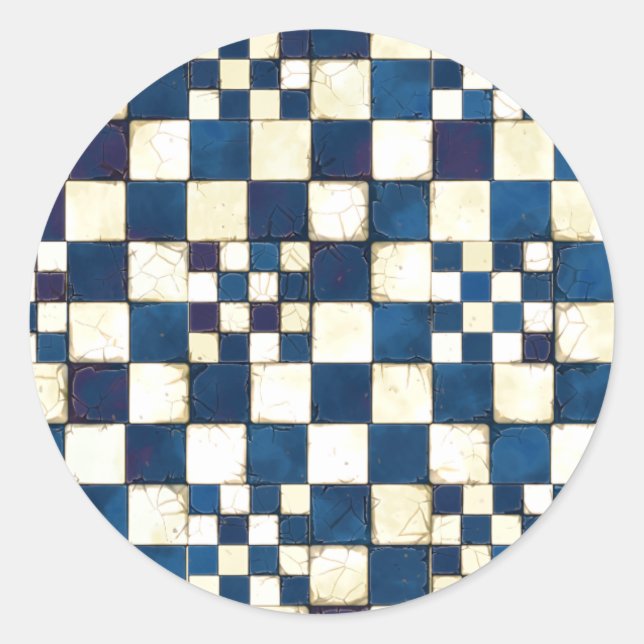 Blue and White Cracked Tile Texture Background Classic Round Sticker (Front)