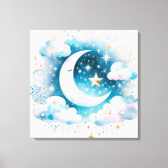 Blue and White Crescent Moon Celestial Boho Modern Canvas Print (Front)