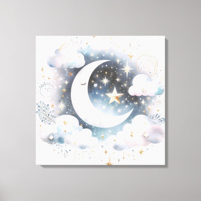 Blue and White Crescent Moon Celestial Boho Modern Canvas Print (Front)