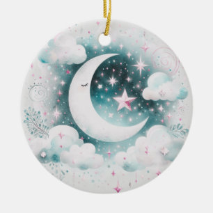 Blue and White Crescent Moon Celestial Boho Modern Ceramic Ornament