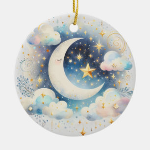 Blue and White Crescent Moon Celestial Boho Modern Ceramic Ornament
