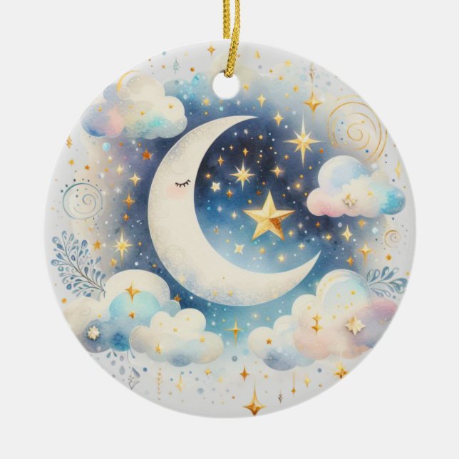 Blue and White Crescent Moon Celestial Boho Modern Ceramic Ornament (Front)