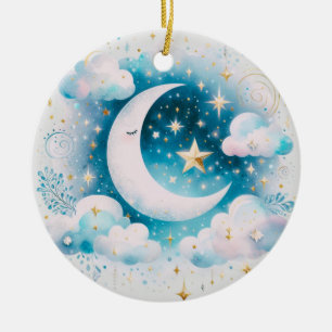 Blue and White Crescent Moon Celestial Boho Modern Ceramic Ornament
