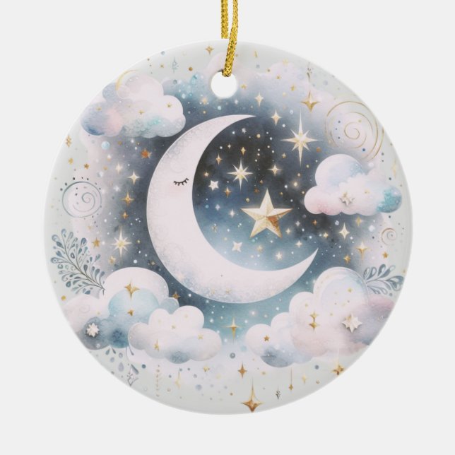Blue and White Crescent Moon Celestial Boho Modern Ceramic Ornament (Front)