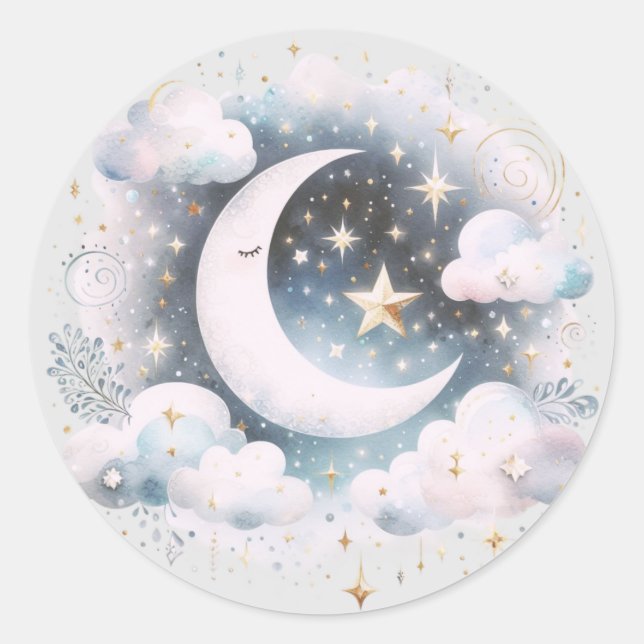 Blue and White Crescent Moon Celestial Boho Modern Classic Round Sticker (Front)