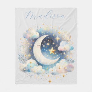 Blue and White Crescent Moon Celestial Boho Modern Fleece Blanket