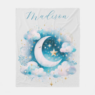 Blue and White Crescent Moon Celestial Boho Modern Fleece Blanket
