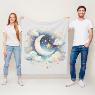 Blue and White Crescent Moon Celestial Boho Modern Fleece Blanket