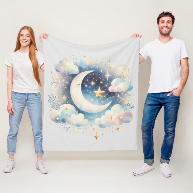 Blue and White Crescent Moon Celestial Boho Modern Fleece Blanket (In Situ)