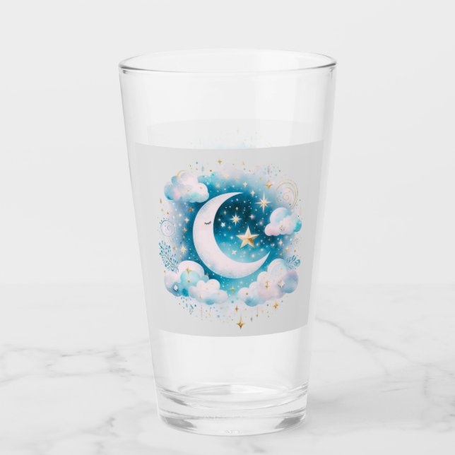 Blue and White Crescent Moon Celestial Boho Modern Glass (Front)