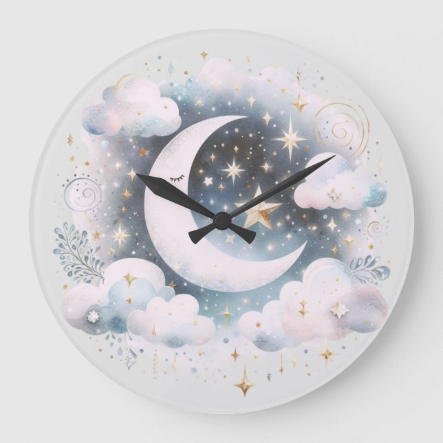 Blue and White Crescent Moon Celestial Boho Modern Large Clock (Front)