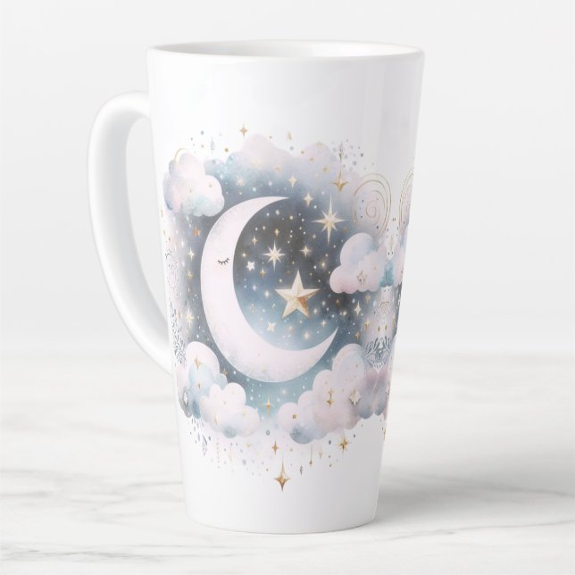 Blue and White Crescent Moon Celestial Boho Modern Latte Mug (Left Angle)