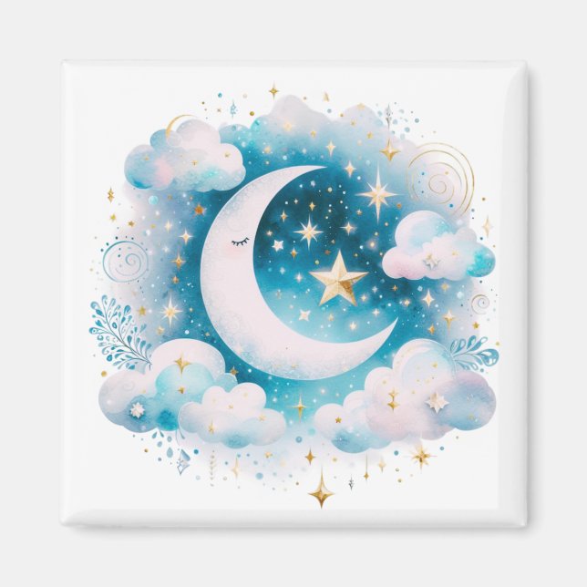 Blue and White Crescent Moon Celestial Boho Modern Magnet (Front)