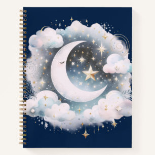 Blue and White Crescent Moon Celestial Boho Modern Notebook