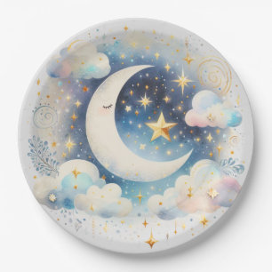 Blue and White Crescent Moon Celestial Boho Modern Paper Plate