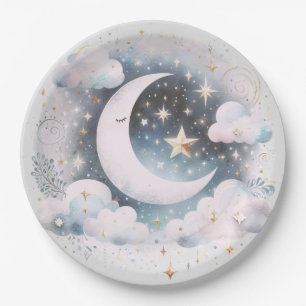 Blue and White Crescent Moon Celestial Boho Modern Paper Plate