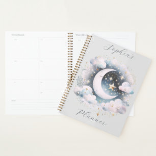Blue and White Crescent Moon Celestial Boho Modern Planner
