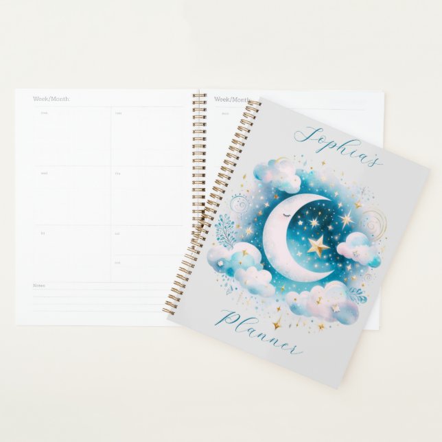 Blue and White Crescent Moon Celestial Boho Modern Planner (Display)