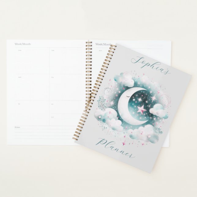 Blue and White Crescent Moon Celestial Boho Modern Planner (Display)