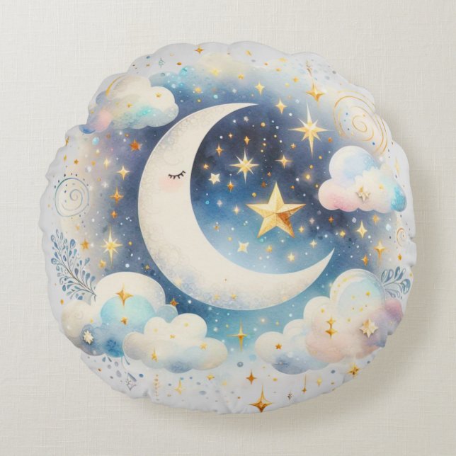 Blue and White Crescent Moon Celestial Boho Modern Round Pillow (Front)