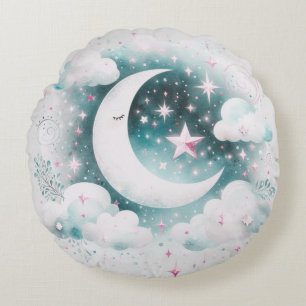 Blue and White Crescent Moon Celestial Boho Modern Round Pillow