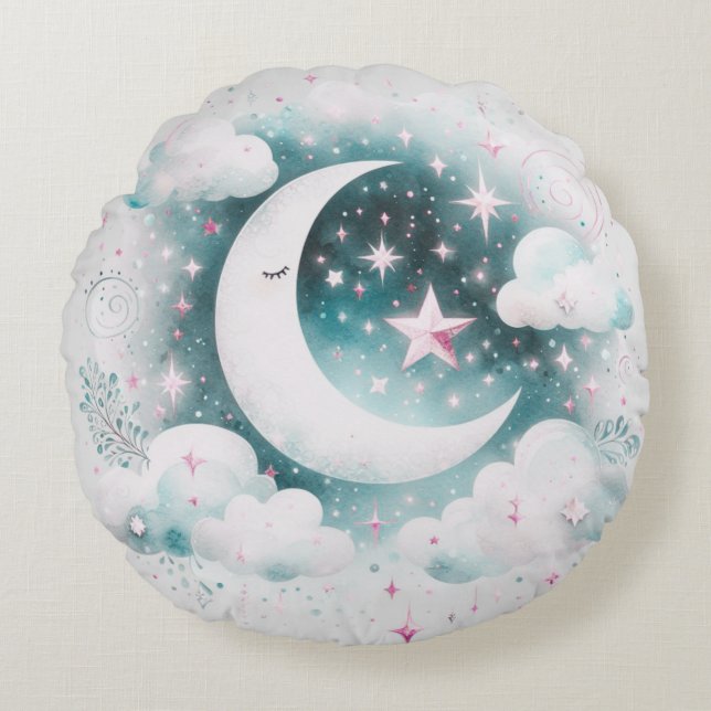 Blue and White Crescent Moon Celestial Boho Modern Round Pillow (Front)