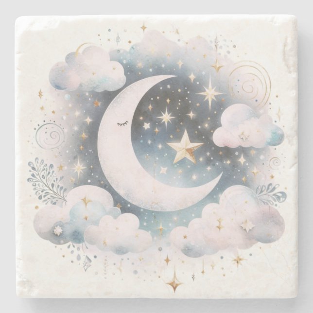 Blue and White Crescent Moon Celestial Boho Modern Stone Coaster (Front)