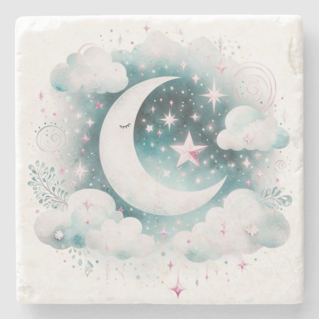 Blue and White Crescent Moon Celestial Boho Modern Stone Coaster (Front)