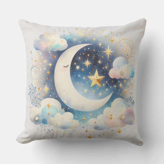 Blue and White Crescent Moon Celestial Boho Modern Throw Pillow (Front)