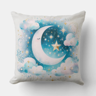 Blue and White Crescent Moon Celestial Boho Modern Throw Pillow