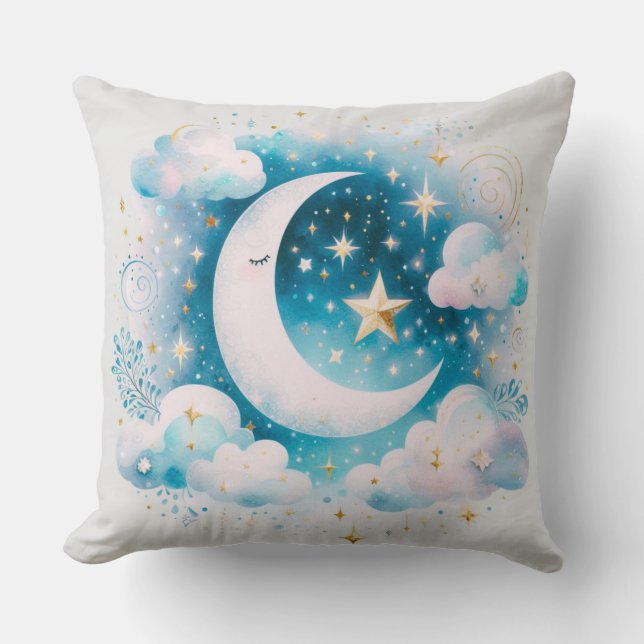 Blue and White Crescent Moon Celestial Boho Modern Throw Pillow (Front)