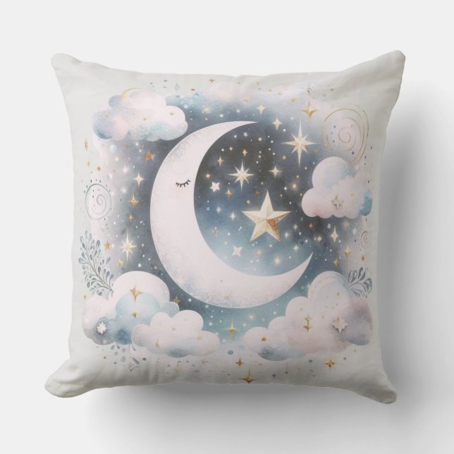 Blue and White Crescent Moon Celestial Boho Modern Throw Pillow (Front)