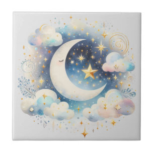 Blue and White Crescent Moon Celestial Boho Modern Tile