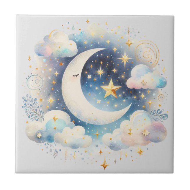 Blue and White Crescent Moon Celestial Boho Modern Tile (Front)