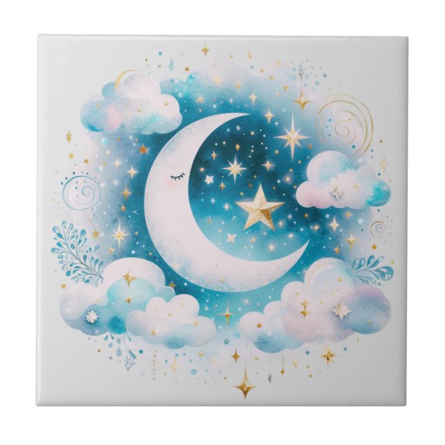 Blue and White Crescent Moon Celestial Boho Modern Tile (Front)