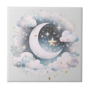Blue and White Crescent Moon Celestial Boho Modern Tile