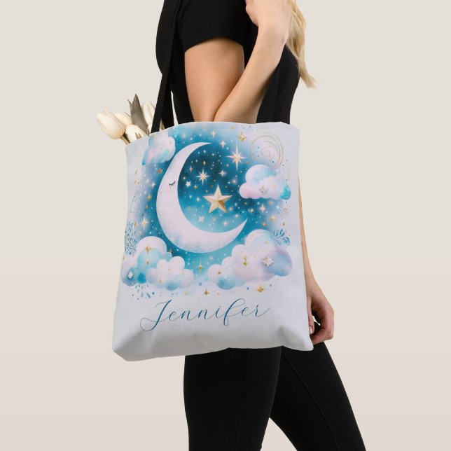 Blue and White Crescent Moon Celestial Boho Modern Tote Bag (Close Up)