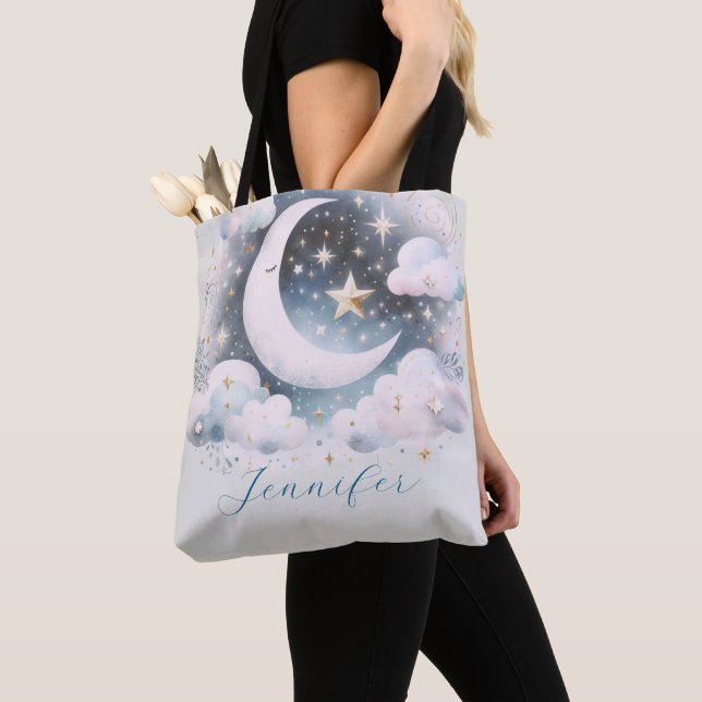 Blue and White Crescent Moon Celestial Boho Modern Tote Bag (Close Up)
