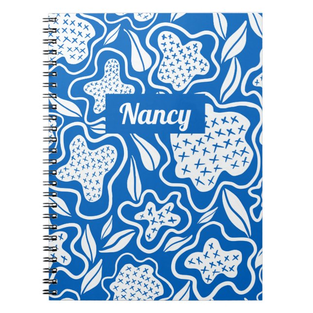 Blue and White Cross Stitch Personalized Notebook (Front)