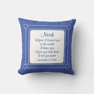 Blue and White Custom Name Bible Verse Striped Throw Pillow