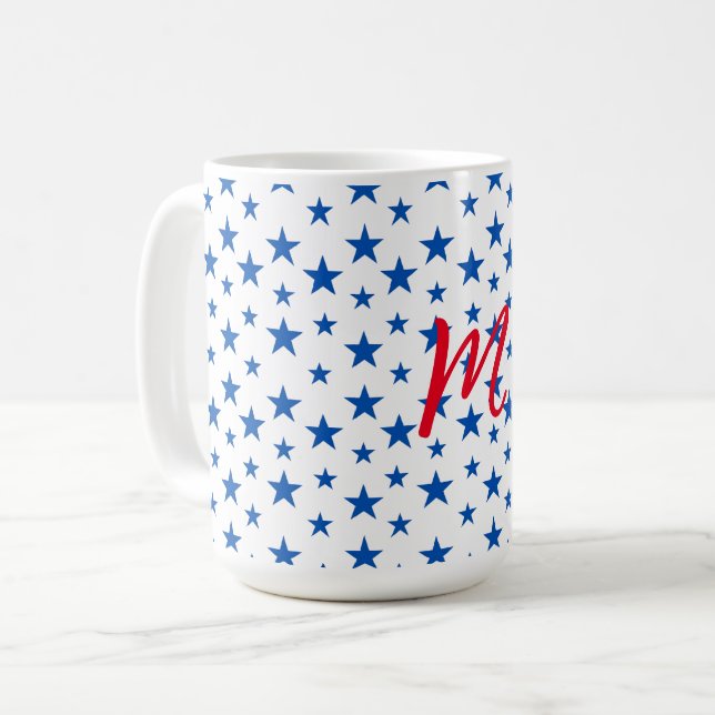 Blue And White Customizable Star Pattern Coffee Mug (Front Left)