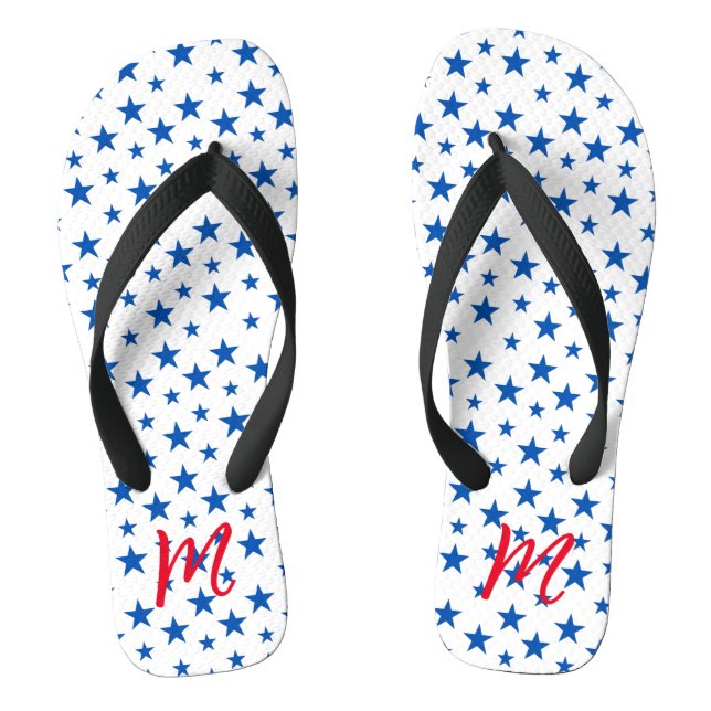 Blue And White Customizable Star Pattern Flip Flops (Footbed)