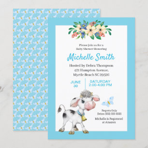 Blue and White Cute Cow Floral Baby Shower Invit Invitation