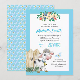 Blue and White Cute Cow Floral Baby Shower   Invitation